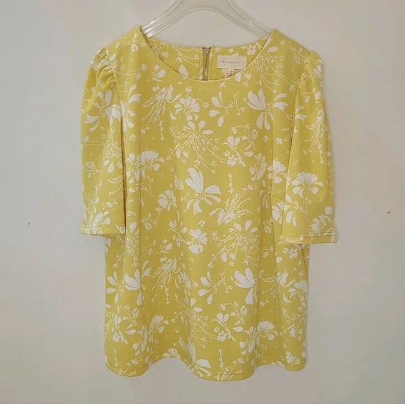 Mellóday Golden Yellow & White Floral Short Puff Sleeve Blouse Sz L NWT - Picture 11 of 16